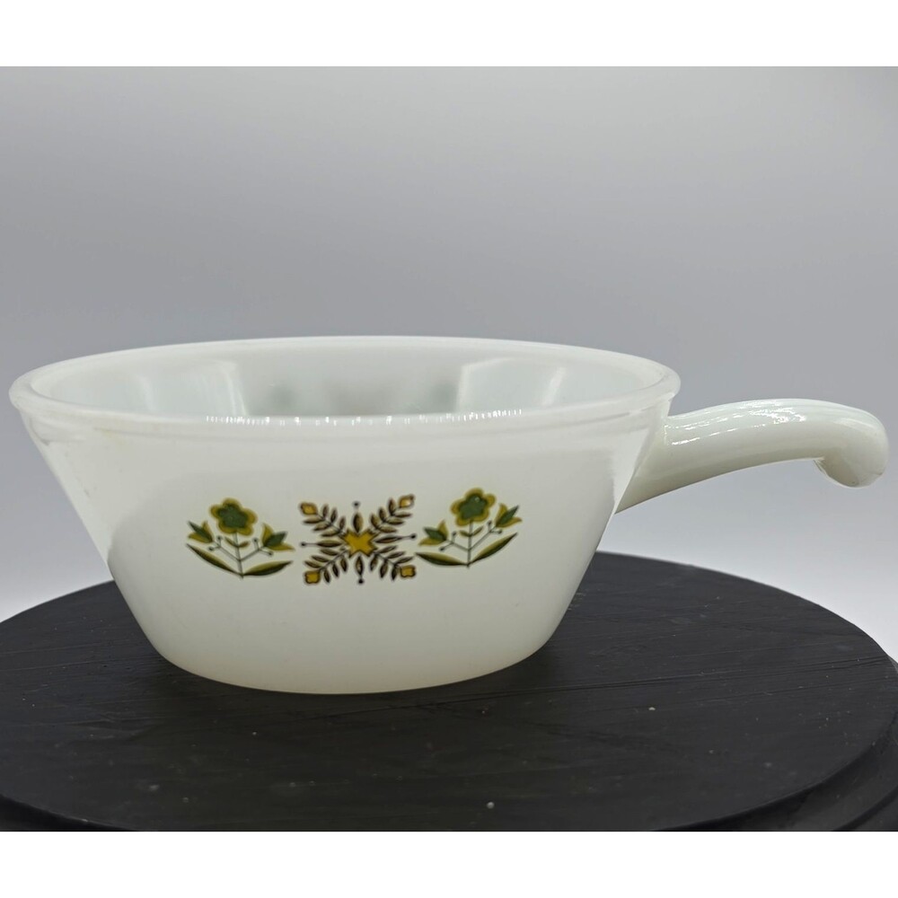 Anchor Hocking Fire-King White Milk Glass Handled Floral Bowl Green Yellow Vtg